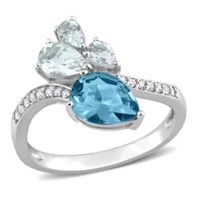 1 7/8 CT TGW Pear-Shape London Blue Topaz and Aquamarine and 1/10 CT TW Diamond Toi et Moi Ring in 14K White Gold