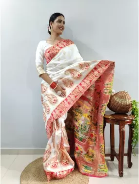 1 Min White-Red Stitched Banarasi Soft Silk Readymade Sari