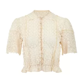 1930s Cream Lace and Tulle Blouse with Crochet Buttons