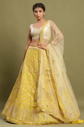 30Z216B-RO Yellow Embroidered Lehenga with Net Dupatta