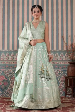 30Z241-NRO Turquoise Floral Zari Embroidered Silk Lehenga Set