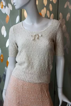 80s Deadstock Taupe Knit Top with Bow, Small