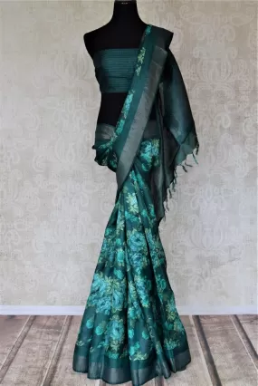 90J331-RO Sea Green Floral Tussar Saree with Light Zari Border