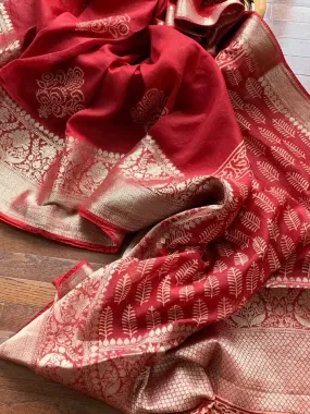 90K309-NRO Red Linen Banarasi Silk Saree