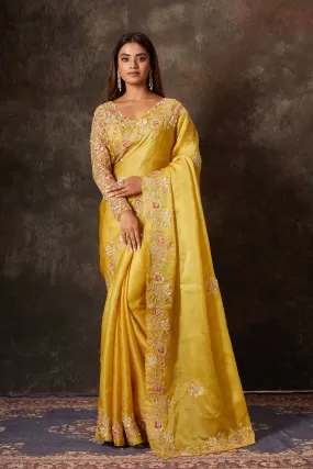 90N661-RO Mango Yellow Hand Embroidered Organza Sari with Blouse