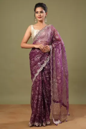 90Z467-NRO Purple Embroidered Organza Saree