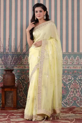 90Z572-NRO Lemon Yellow Embroidered Organza Silk Saree