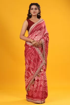 90Z659-RO Red Printed Tussar Silk Saree with Embroidered Border