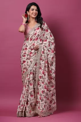 90Z676-RO Powder Pink Floral Georgette Saree with Scalloped Border