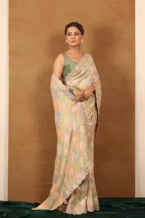 90Z733-NRO Cream and Grey Embroidered Georgette Banarasi Saree