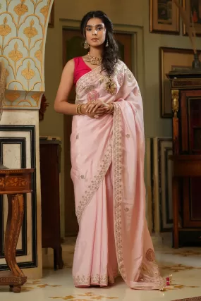 90Z775-NRO Light Pink Embroidered Tussar Georgette Saree