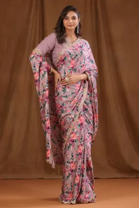 90Z778-RO Onion Pink Floral Crepe Saree with Scalloped Border