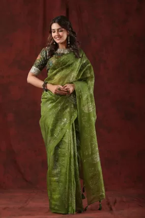 90Z802-RO Green Organza Saree with Designer Kalamkari Blouse