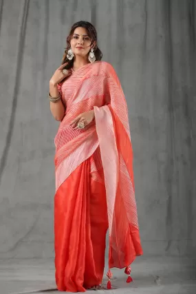 90Z807-RO Bright Red Striped Tussar Silk Sari with Bandhej Blouse