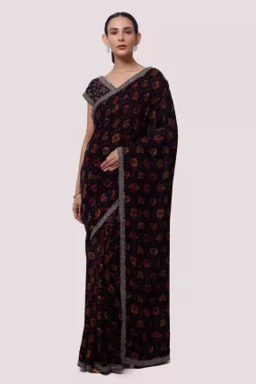 90Z845-RO Dark Blue Velvet Saree with Blouse