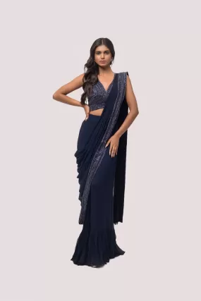 90Z871-RO Navy Blue Ruffle Drape Saree Set