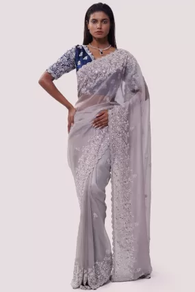 90Z996-RO Grey Embroidered Organza Saree with Blue Blouse