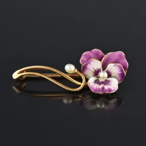 Art Nouveau 14K Gold Pearl Enamel Pansy Brooch