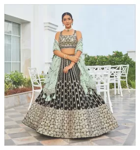 Black colored Heavy Embroidered Lehenga Set - Rent