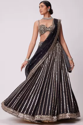 Black Linear Mirror Embroidered Lehenga Set