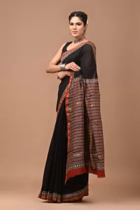 Black Maheshwari Block Print Saree