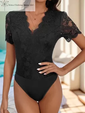 Black V-neck Body Suit Short Sleeves