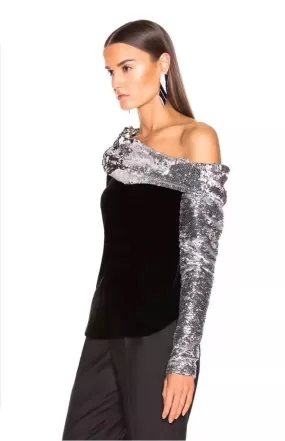 Blouse with Silver Shiny Neckline and Sleeve