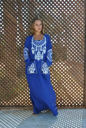 Blue embroidered cotton Caftan with pockets, summer caftan, embroidered Caftan dress, Purple Caftan maxi dress, Caftans for women, Caftans