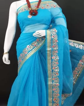 Blue Kota Doria Gota Patti Saree