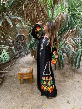 Boho black Caftan, Long sleeve Caftan dress, Colorful embroidered Caftan dress, Caftan maxi dress, Caftans for women, Caftans