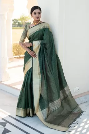 Bottle Green Tussar Silk Saree - Rent