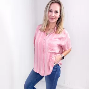 Candy Pink Striped Light Airy Button Down Blouse