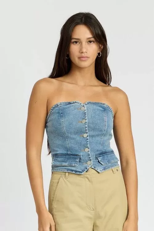 Denim Button-Down Bustier Top