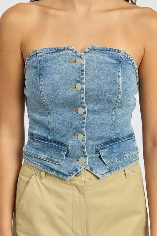 Denim Button-Down Bustier Top