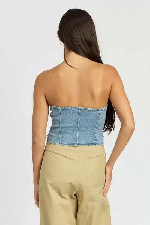 Denim Button-Down Bustier Top