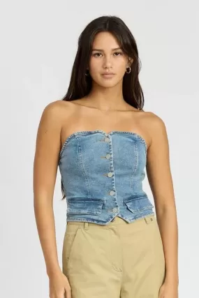 Denim Button-Down Bustier Top