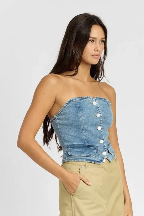 Denim Button-Down Bustier Top