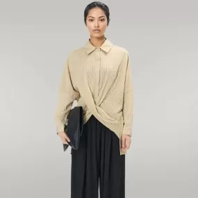 Elegant Beige Shirt Blouse with Button Closure and Draped Design - Oversized Fit