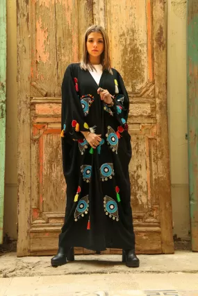 Evil eye Embroidered cardigan with tassels, Boho black Kimono Cardigan, Womens Cardigans, Boho Cardigan, Duster, Black Cardigan, Kimonos