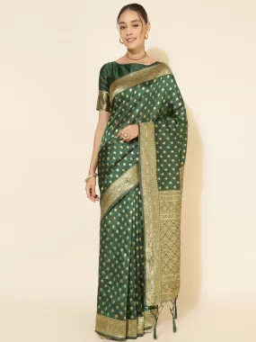 Green Banarasi Silk Ethnic Motifs Saree with Unstitched Blouse Piece