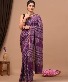 Lavender offwhite cotton silk hand block printed sanganeri saree