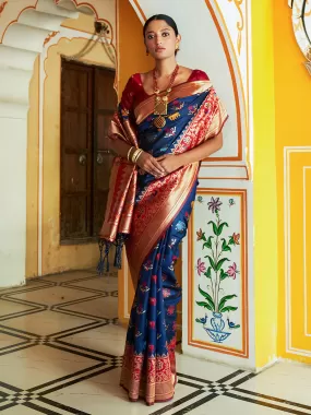 Navy Blue Cotton Silk Woven Ethnic Motifs Saree with Unstitched Blouse Piece