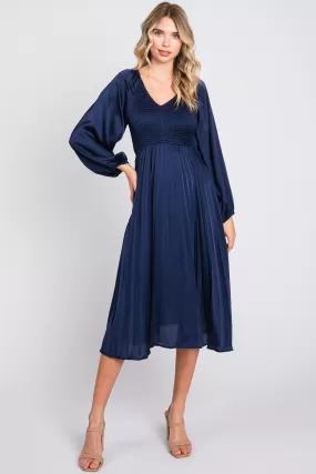 Navy Satin Smocked and Pleated Midi Dress