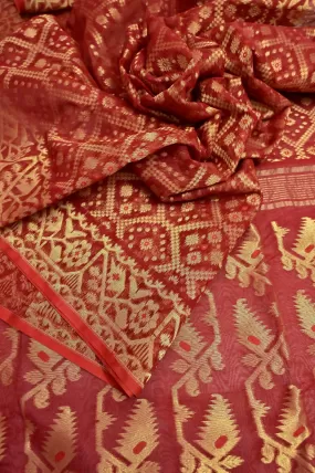 Red Color Jamdani Saree with Allover Weaving and Durga Blouse Piece