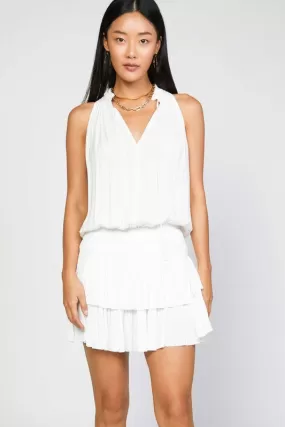 Sleeveless Split Ruffled Neck w/ Tie Mini Dress - White