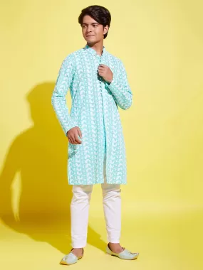 VASTRAMAY Boy's Green Chikankari Kurta With White Pyjama Set