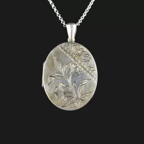 Victorian Large Silver Daffodil Mourning Locket Necklace