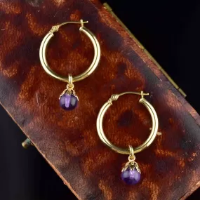 Vintage 14K Gold Amethyst Ball Hoop Earrings