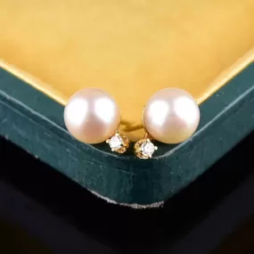 Vintage 14K Gold Diamond Pearl Stud Earrings