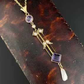 Vintage Art Nouveau Gold Amethyst Pearl Lavaliere Pendant Necklace